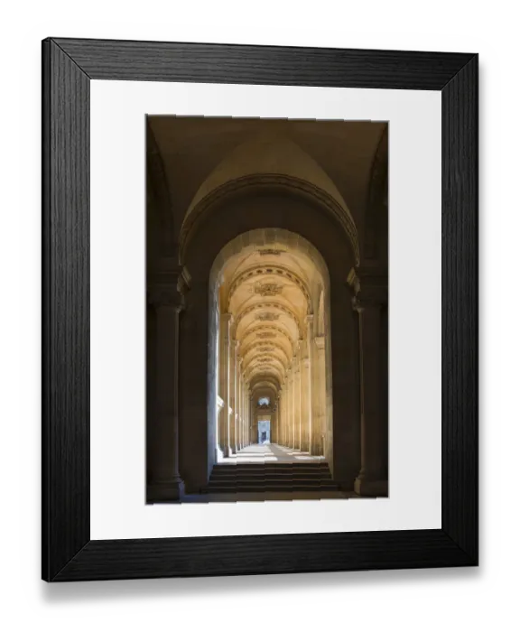 Framed Print : Hallway to the pyramid and courtyard at the Louvre in Paris, France
