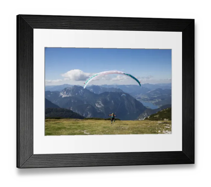 Framed Print : Europe, Austria, Dachstein, Paragliders as they prepare to take off above Lake Hallstatt Framed Print : Europe, Austria, Dachstein, Paragliders as they prepare to take off above Lake Hallstatt