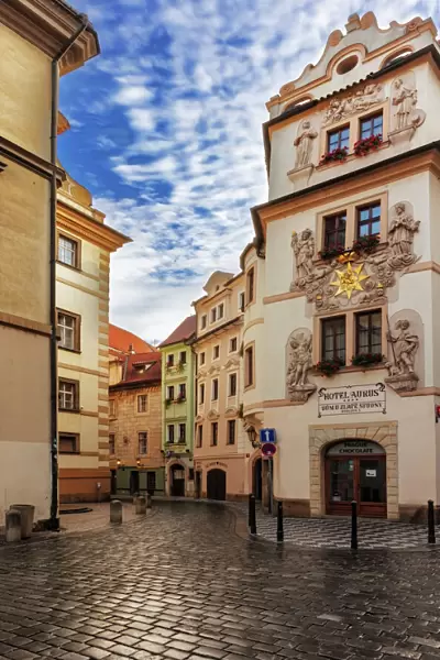 Narrow wet cobblestone streets in Old Town in Prague, Czech Republic