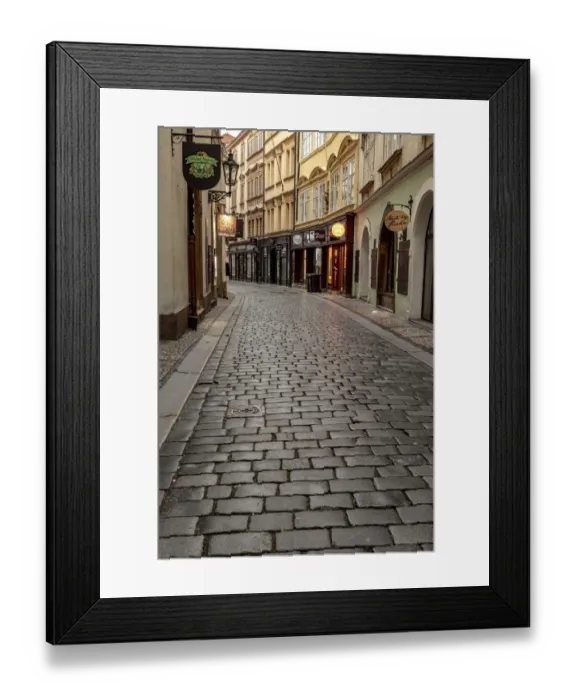 Framed Print : Narrow wet cobblestone streets in Old Town in Prague, Czech Republic Framed Print : Narrow wet cobblestone streets in Old Town in Prague, Czech Republic