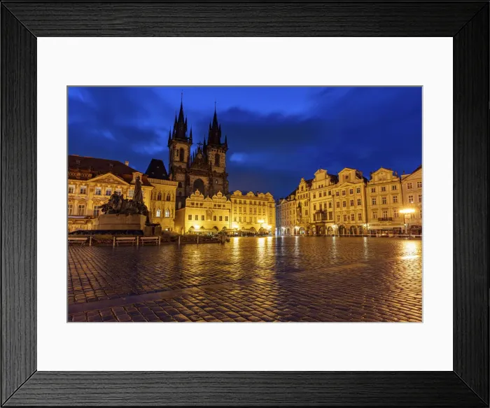 Framed Print : Tyn Church at dawn on wet cobblestones in Old Town Square in Prague, Czech Republic Framed Print : Tyn Church at dawn on wet cobblestones in Old Town Square in Prague, Czech Republic