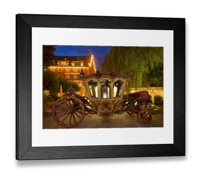 Framed Print : Germany, Lindau Island, Lake Constance. Victorian ornate carriage in front of hotel