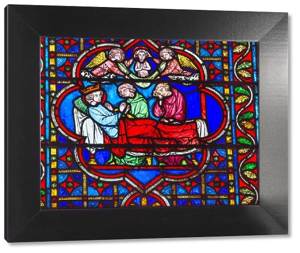 King Death Bed Angels Medieval Stories stained glass, Notre Dame Cathedral, Paris, France