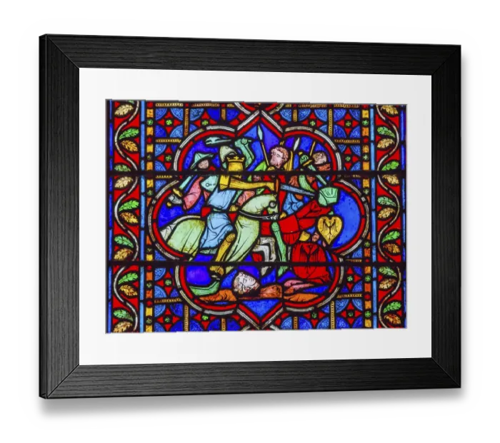 Framed Print : Knights Fighting Swords Horses Battle War stained glass, Notre Dame Cathedral, Paris Framed Print : Knights Fighting Swords Horses Battle War stained glass, Notre Dame Cathedral, Paris