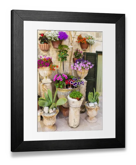 Framed Print : Italy, Apulia, Metropolitan City of Bari, Monopoli. Flowers in planters outside a stone