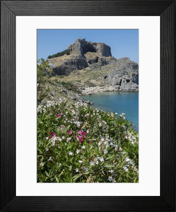Framed Print : Greece, Rhodes. St. Pauls Bay with the Acropolis of Lindos in the distance with