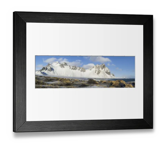 Framed Print : Coastal landscape with dunes at iconic Stokksnes during winter and stormy conditions