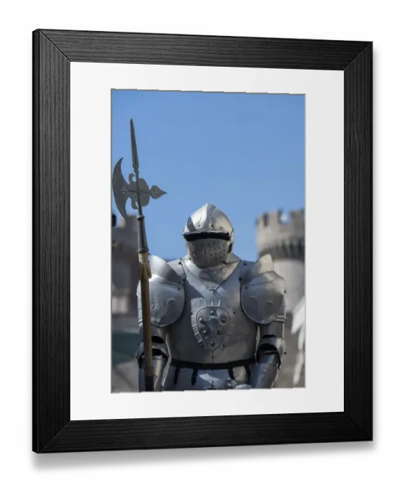 Framed Print : Greece, Rhodes. Medieval Old Town (UNESCO). Suit of armor with Palace of the Grand Master Framed Print : Greece, Rhodes. Medieval Old Town (UNESCO). Suit of armor with Palace of the Grand Master