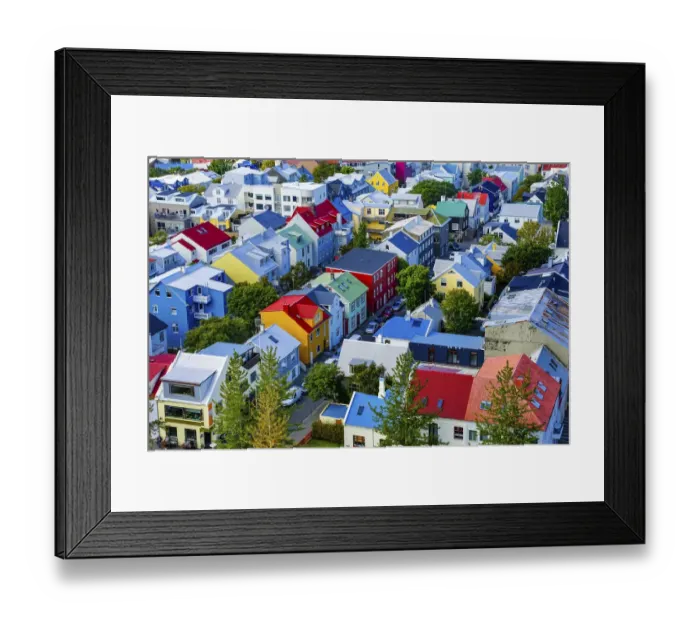 Framed Print : Colorful red green blue yellow Houses Cars Streets, Reykjavik, Iceland