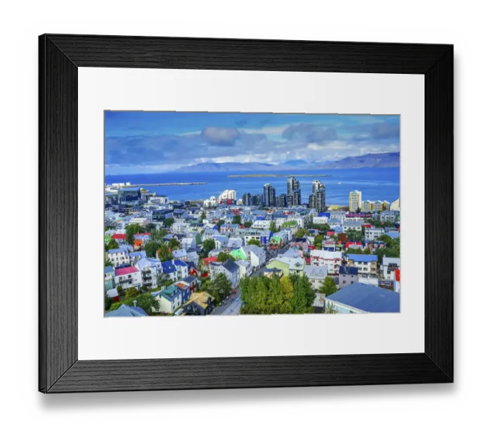 Framed Print : Colorful red green blue Houses Apartment Buildings Cars Bus Streets Ocean, Reykjavik Framed Print : Colorful red green blue Houses Apartment Buildings Cars Bus Streets Ocean, Reykjavik