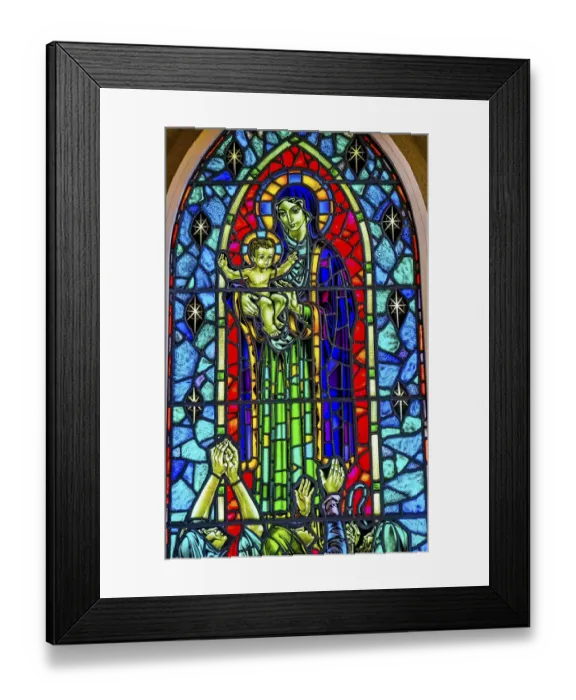 Framed Print : Virgin Mary Baby Jesus Stained glass Hallgrimskirkja Large Lutheran Church, Reykjavik