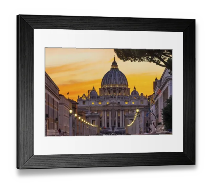 Framed Print : Orange sunset illuminated street lights, Via Della Conciliazione
