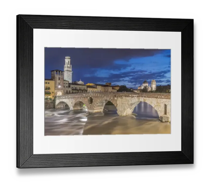 Framed Print : Italy, Verona. Ponte Pietra (Roman Bridge) at Twilight Framed Print : Italy, Verona. Ponte Pietra (Roman Bridge) at Twilight