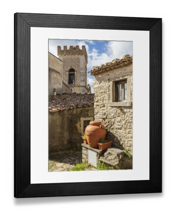 Framed Print : Italy, Sicily, Messina Province, Montalbano Elicona. Terra cotta urns next to old stone Framed Print : Italy, Sicily, Messina Province, Montalbano Elicona. Terra cotta urns next to old stone