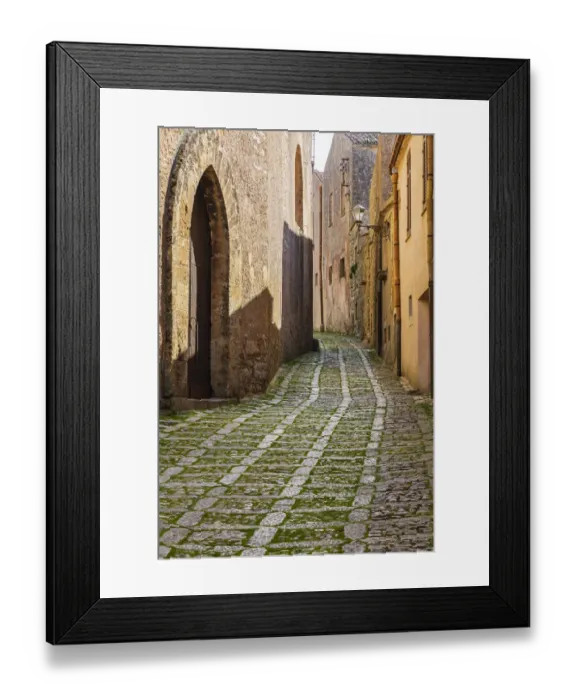 Framed Print : Italy, Sicily, Trapani Province, Erice. A narrow cobblestone street in the ancient hill Framed Print : Italy, Sicily, Trapani Province, Erice. A narrow cobblestone street in the ancient hill
