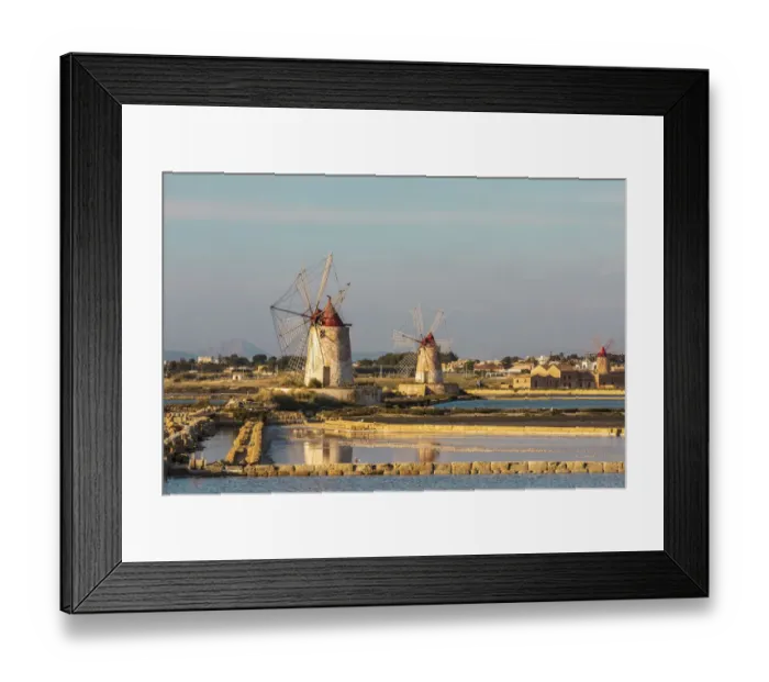 Framed Print : Italy, Sicily, Trapani Province, Marsala. Wind mills at the salt evaporation ponds in Framed Print : Italy, Sicily, Trapani Province, Marsala. Wind mills at the salt evaporation ponds in
