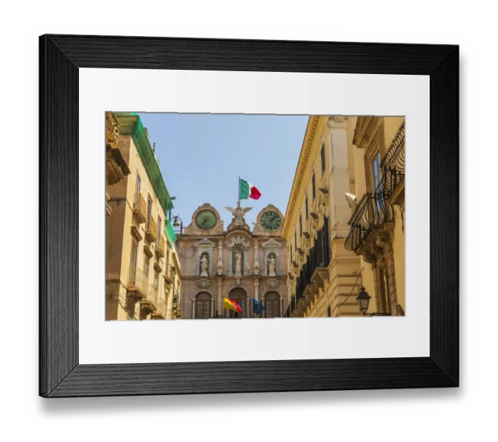 Framed Print : Italy, Sicily, Trapani Province, Trapani. Clock tower with the Italian flag in the city Framed Print : Italy, Sicily, Trapani Province, Trapani. Clock tower with the Italian flag in the city