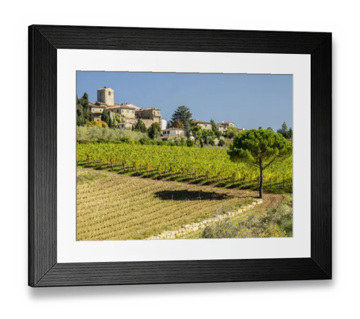 Framed Print : Europe, Italy, Chianti. Tuscan homes in the town of Panzano with vineyard below
