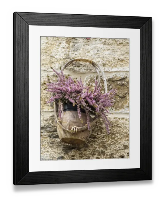 Framed Print : Europe, Italy, Chianti. Basket of flowers hanging on a stone wall Framed Print : Europe, Italy, Chianti. Basket of flowers hanging on a stone wall