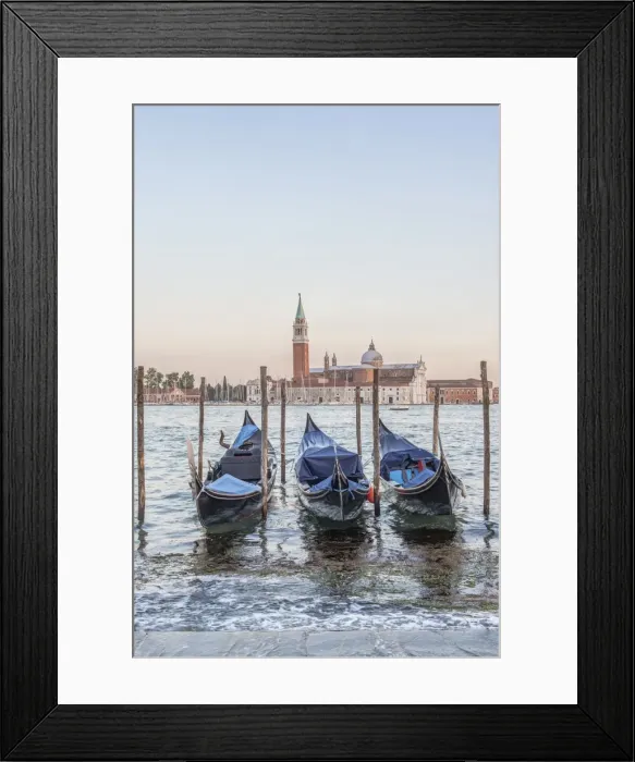 Framed Print : Italy, Venice. Gondolas on the waterfront with San Giorgio Maggiore Church in