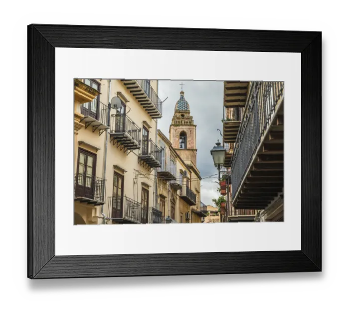 Framed Print : Italy, Sicily, Palermo Province, Castelbuono. The bell tower of Chiesa Sconsacrata Del
