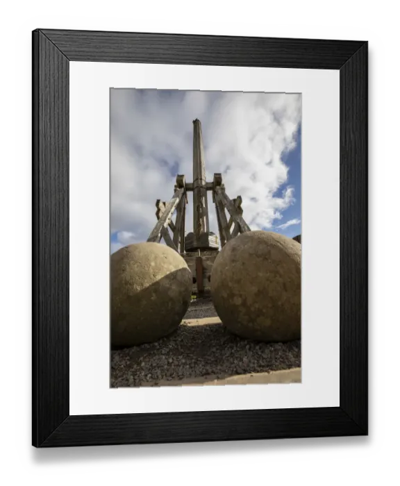 Framed Print : Defensive stone slingshot. Urquhart Castle. Loch Ness, Scotland Framed Print : Defensive stone slingshot. Urquhart Castle. Loch Ness, Scotland