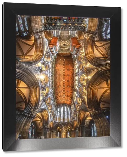 Scotland, Glasgow. Abstract panoramic of 12th century cathedral interior and ceiling