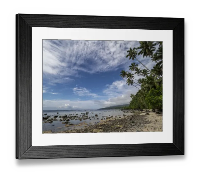 Framed Print : Fiji, Taveuni Island. Beach with palm trees and white clouds