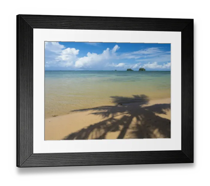 Framed Print : Fiji, Taveuni Island. Silhouette of a palm tree on sandy beach with blue sky