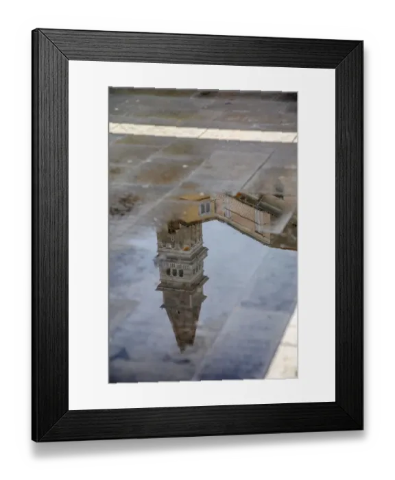 Framed Print : Slovenia, Piran. Reflection of a tower after the rain