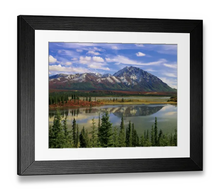 Framed Print : Mountain landscape and reflection, fall foliage, Denali Highway near Anchorage Framed Print : Mountain landscape and reflection, fall foliage, Denali Highway near Anchorage