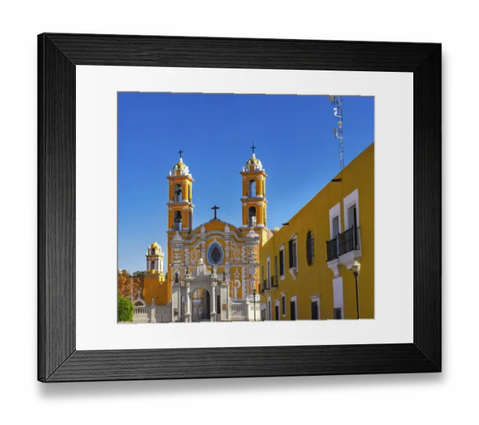 Framed Print : Two orange steeples Parish of la Santa Cruz, Puebla, Mexico