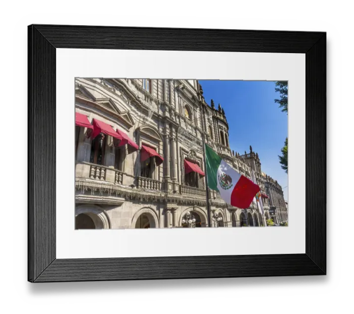 Framed Print : Mexican Flag Major Shopping Street Government Buildings Hotel Zocalo, Puebla, Mexico Framed Print : Mexican Flag Major Shopping Street Government Buildings Hotel Zocalo, Puebla, Mexico
