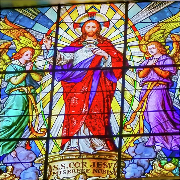 Colorful Jesus Archangels Stained glass Cathedral Puebla, Mexico