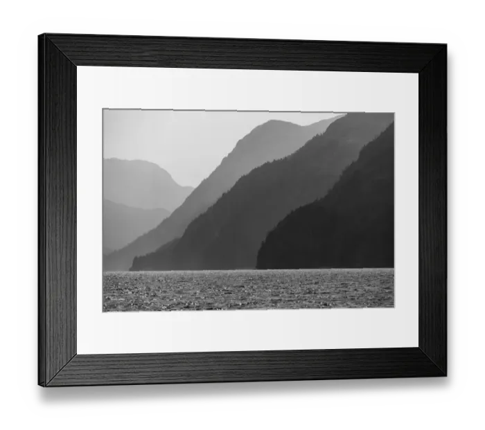 Framed Print : USA, Alaska, Tongass National Forest. B&W of hazy day in Lisianski Inlet Framed Print : USA, Alaska, Tongass National Forest. B&W of hazy day in Lisianski Inlet