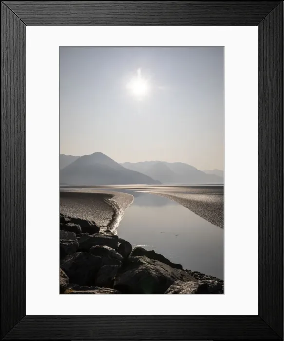 Framed Print : Cook Inlet, Alaska, curved stream, mountains, black and white, sunburst