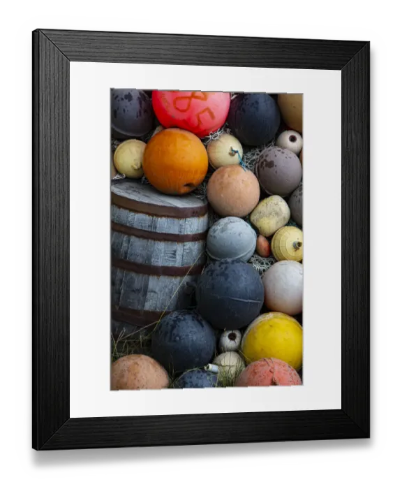 Framed Print : Homer, Alaska, USA, Multi-colored buoy and a wine barrel Framed Print : Homer, Alaska, USA, Multi-colored buoy and a wine barrel