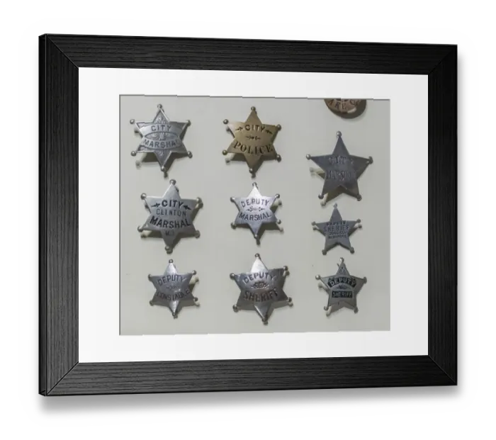 Framed Print : USA, Arizona, Scottsdale. Close-up of law enforcement badges from wild west Framed Print : USA, Arizona, Scottsdale. Close-up of law enforcement badges from wild west