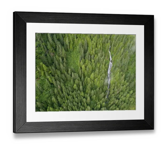 Framed Print : USA, Alaska, Juneau, Taku Harbor State Marine Park, Aerial view of waterfall