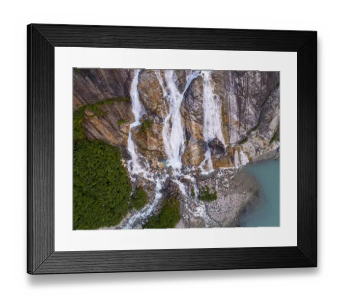 Framed Print : USA, Alaska, Tracy Arm-Fords Terror Wilderness, Waterfall flowing down cliff side along Framed Print : USA, Alaska, Tracy Arm-Fords Terror Wilderness, Waterfall flowing down cliff side along