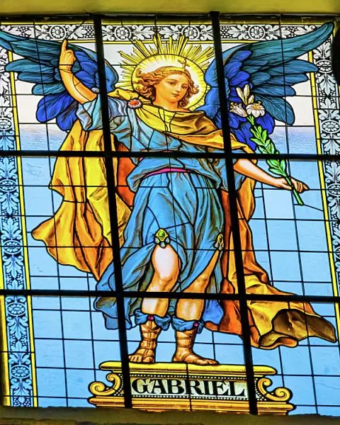 Colorful Archangel Gabriel Stained glass Cathedral Puebla, Mexico