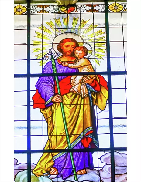 Colorful Saint Joseph Father Baby Jesus Lily Stained glass Cathedral Puebla, Mexico