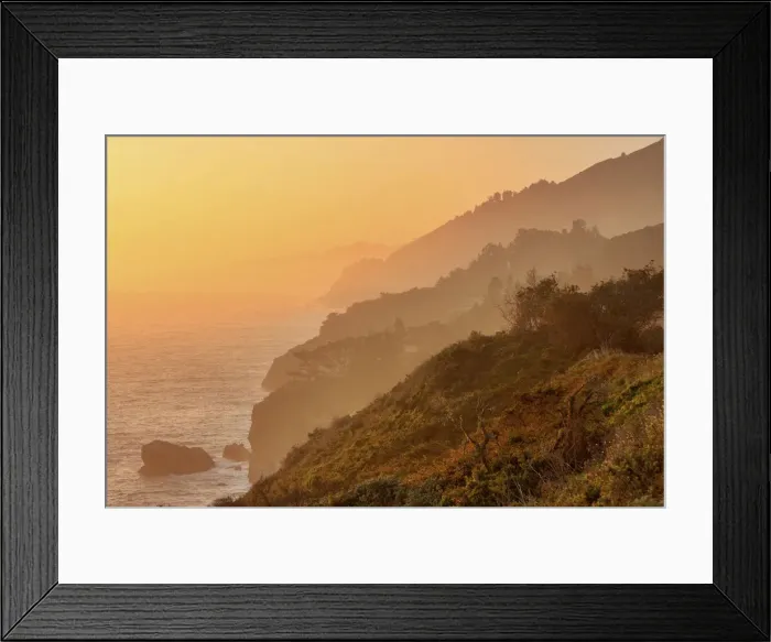Framed Print : Golden Sunset on Big Sur Coastal Cliffs, California, USA