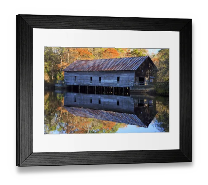 Framed Print : USA, Georgia, Covered bridge and grist mill in the fall Framed Print : USA, Georgia, Covered bridge and grist mill in the fall