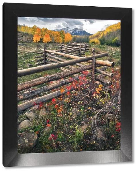 A log fence leads to the horizon on Dallas divide near Telluride in the Colorado Rocky