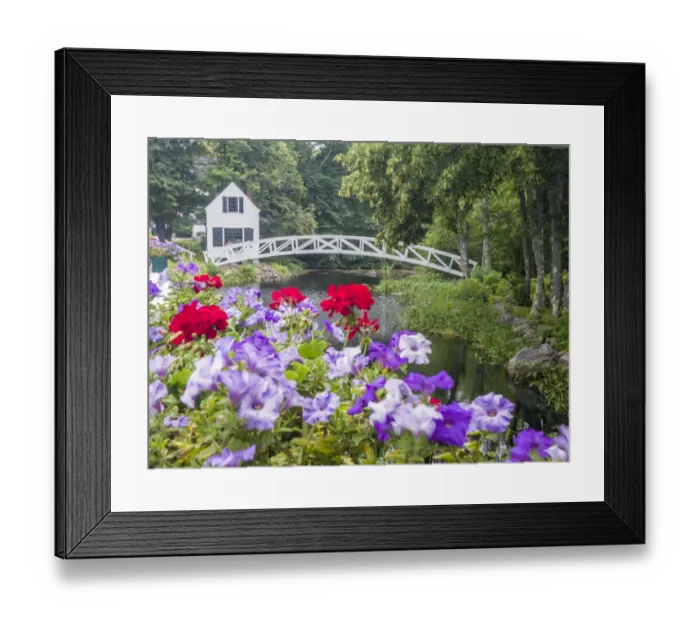 Framed Print : USA, Maine. Somesville bridge in Acadia National Park with petunias Framed Print : USA, Maine. Somesville bridge in Acadia National Park with petunias