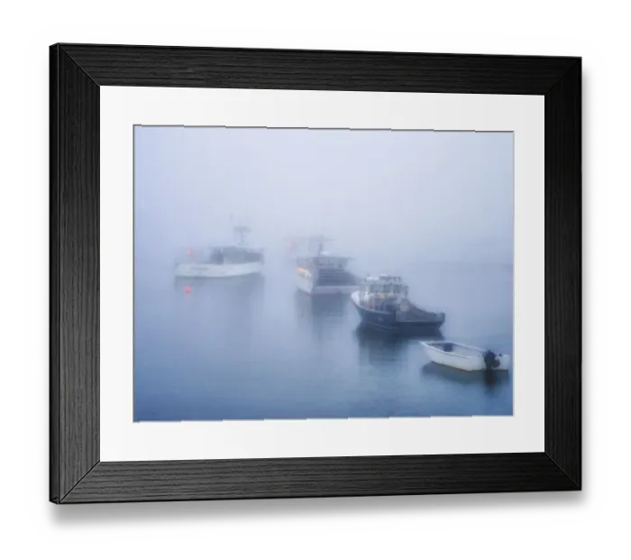 Framed Print : USA, Maine. Fishing boats in the harbor with fog Framed Print : USA, Maine. Fishing boats in the harbor with fog