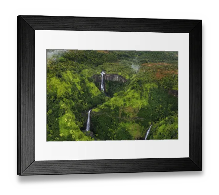 Framed Print : Lush Inland waterfalls during helicopter tour in Kauai, Hawaii, USA Framed Print : Lush Inland waterfalls during helicopter tour in Kauai, Hawaii, USA