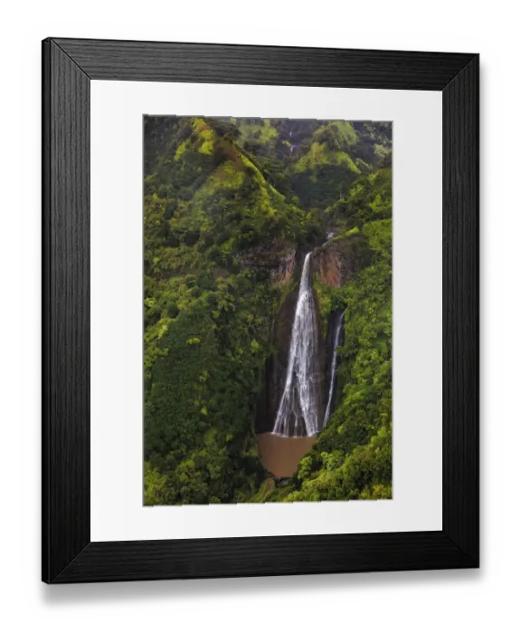 Framed Print : Lush Inland waterfalls during helicopter tour in Kauai, Hawaii, USA Framed Print : Lush Inland waterfalls during helicopter tour in Kauai, Hawaii, USA