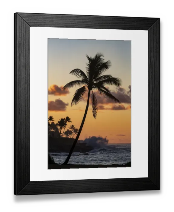 Framed Print : Coconut palm trees silhouetted against vivid sunrise clouds at Poipu Beach in Kauai Framed Print : Coconut palm trees silhouetted against vivid sunrise clouds at Poipu Beach in Kauai